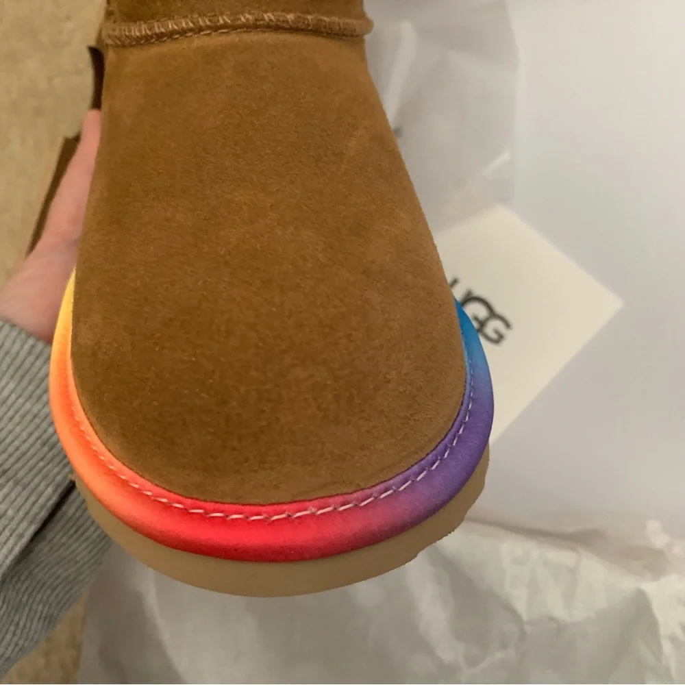 UGG Kids Chestnut Suede Boots with Rainbow Sole Trim